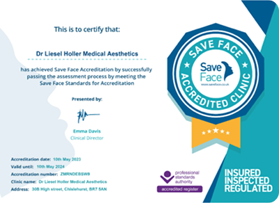 Save Face accreditation certificate for Dr Liesel Holler Medical Aesthetics